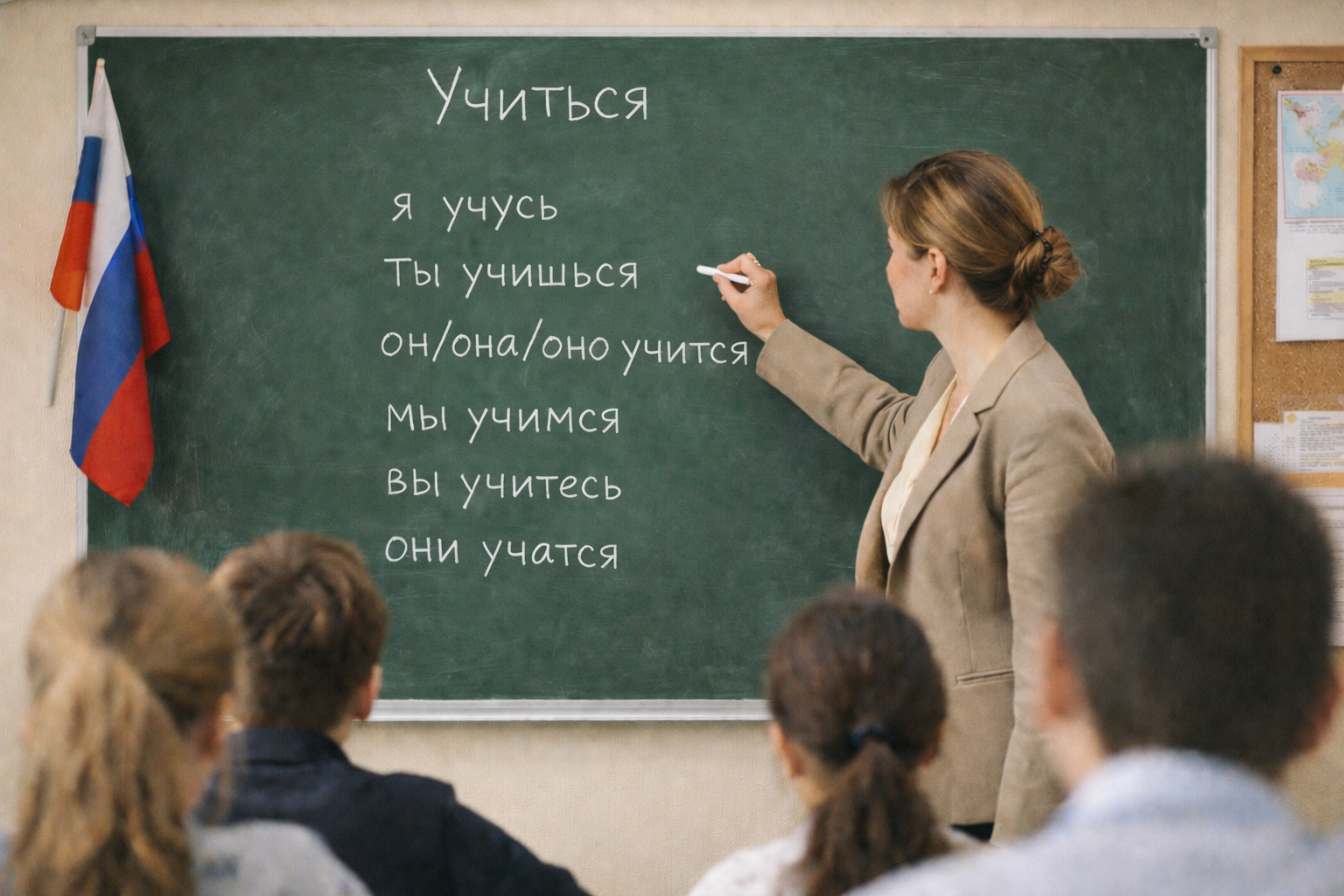 skolotāja raksta uz tāfeles darbības vārdu locījumus