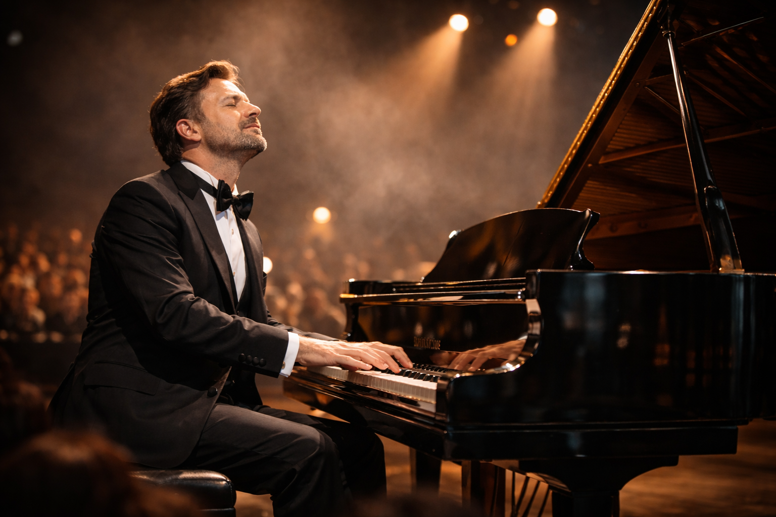 vīrietis spēlē klavieres uz izgaismotas skatuves