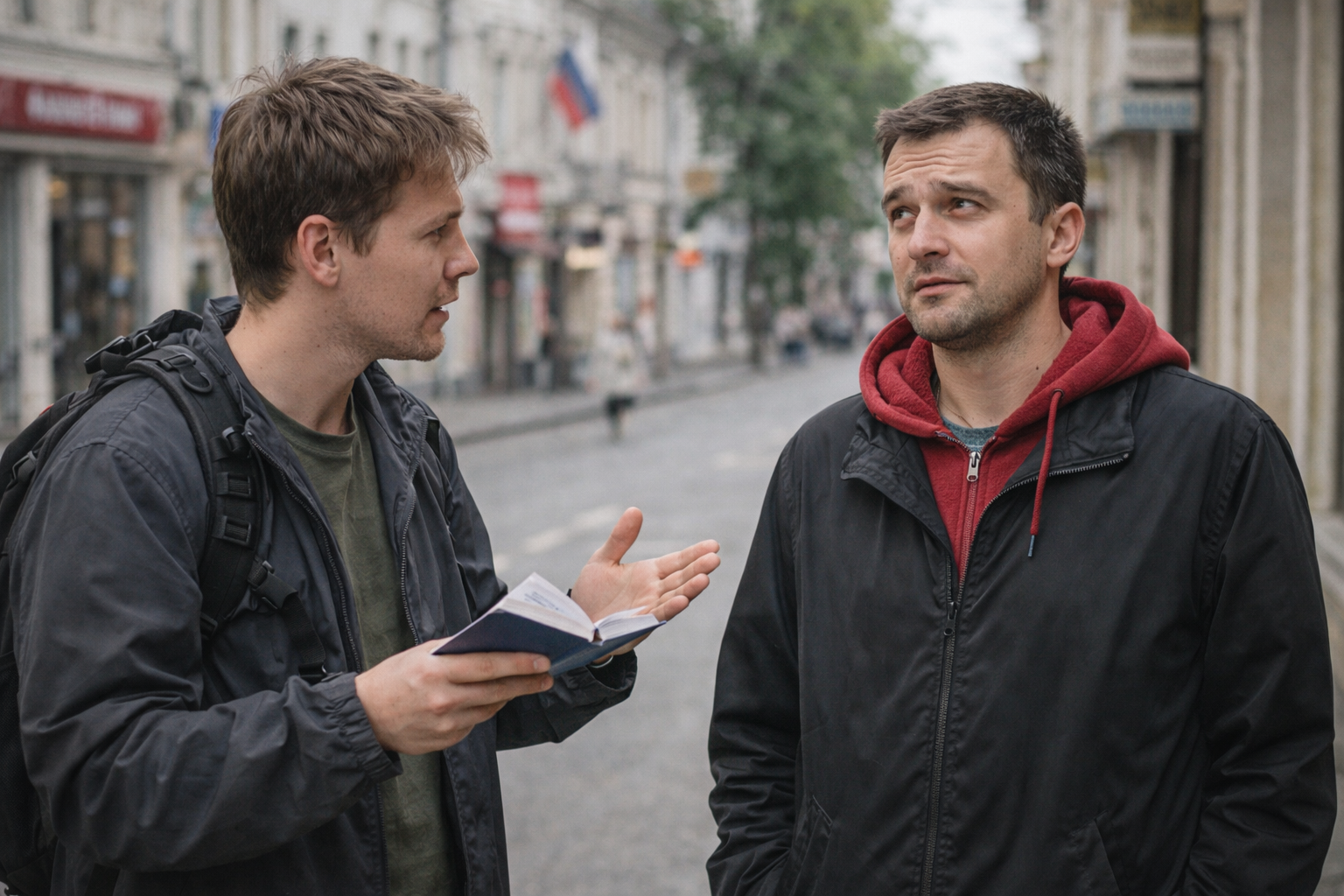 ceļotājs cenšas iedibināt sarunu uz ielas