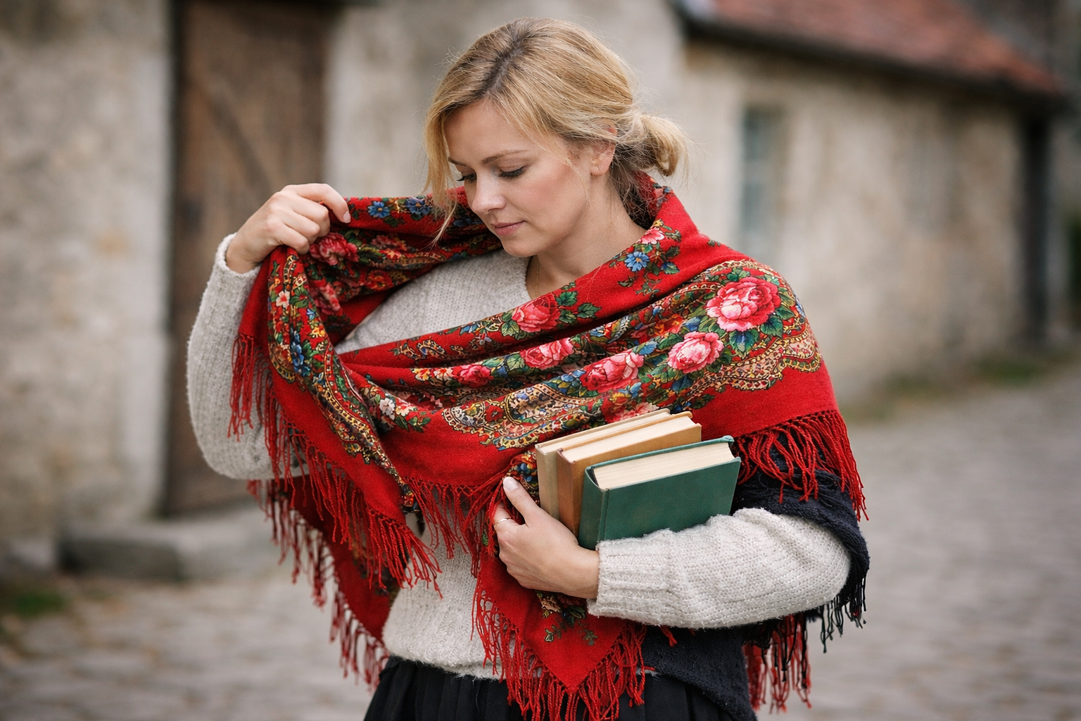 sieviete kārto uz pleciem tradicionālo krievu šalli
