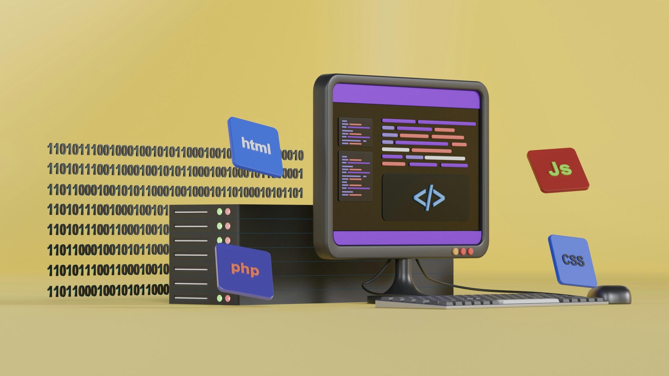 Stilizēta tehnoloģiju ilustrācija ar modernu kodēšanas un web izstrādes noskaņu.