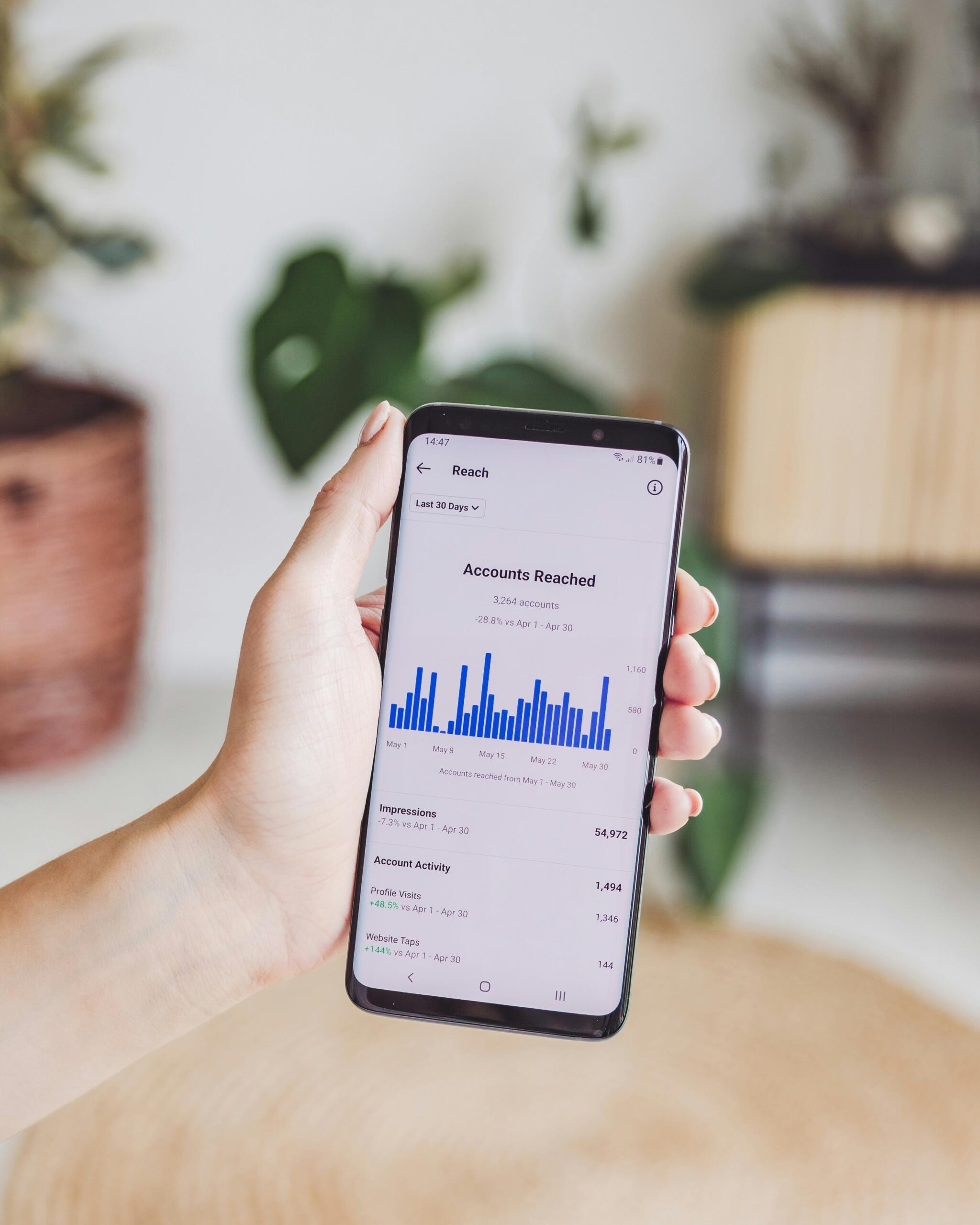 Sociālo tīklu statistikas un sasniegtās auditorijas (Reach) datu pārskats viedtālrunī.