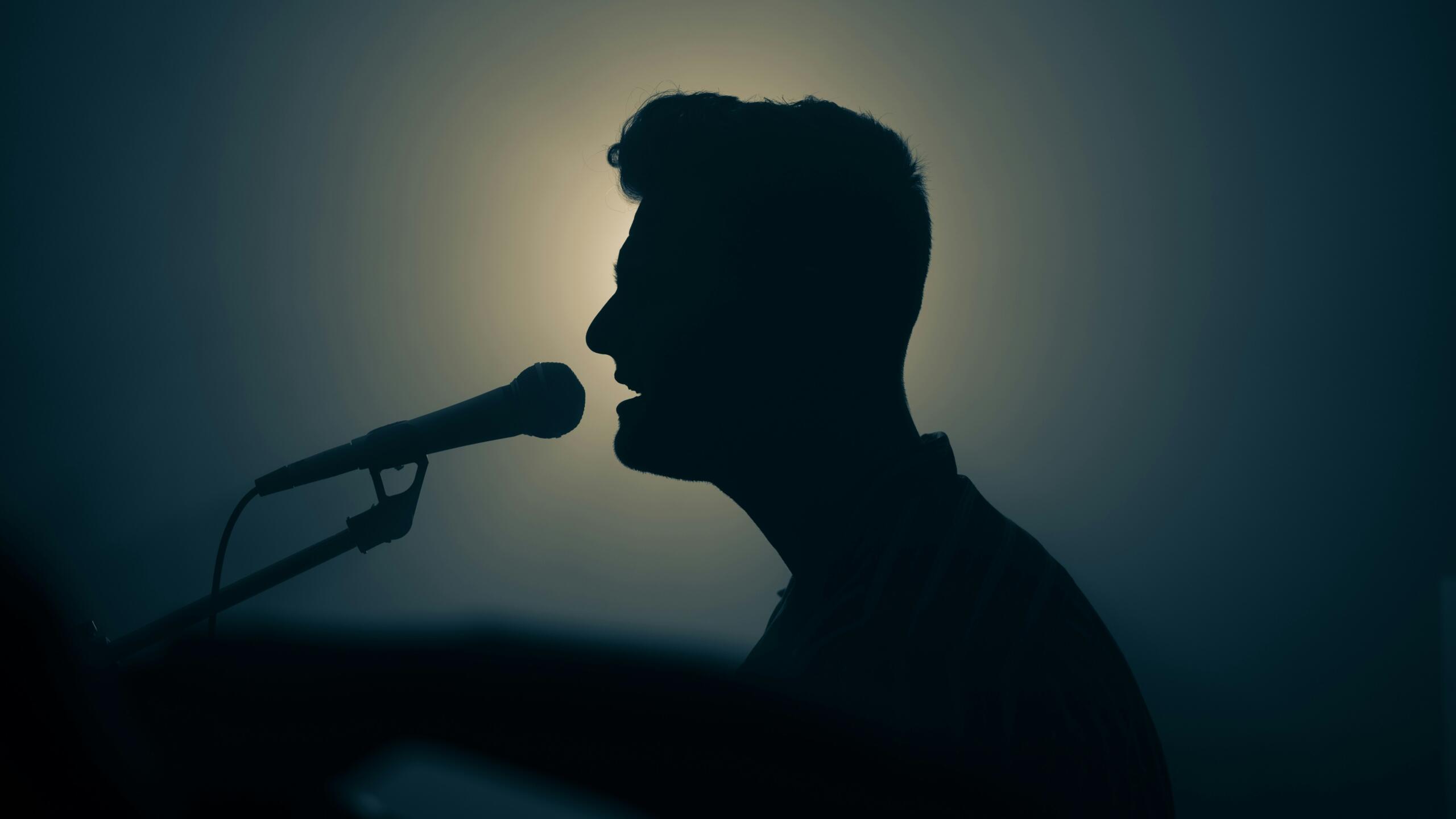 Muzičar koji pjeva i svira instrument na osvijetljenoj pozornici.