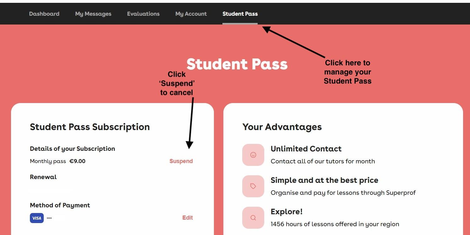 Superprof Student Pass dashboard showing monthly subscription in Malta