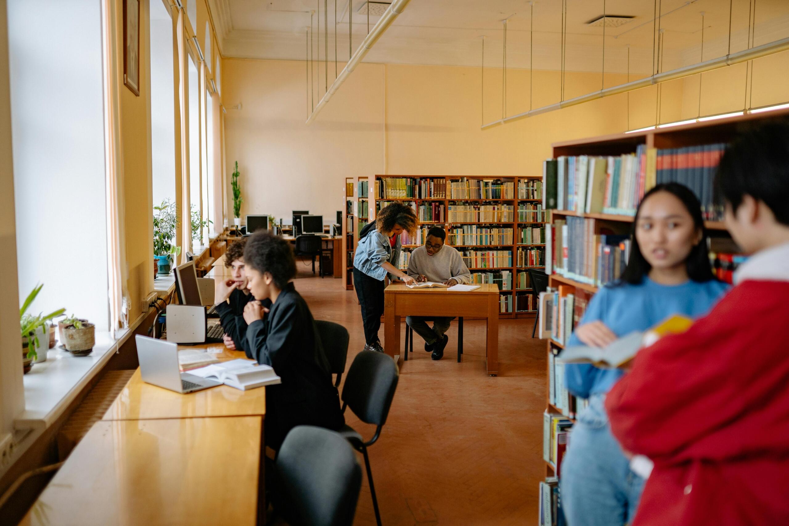Students study in a library: one sits at a long table with a laptop and book, others browse near bookshelves in a room with tall windows.