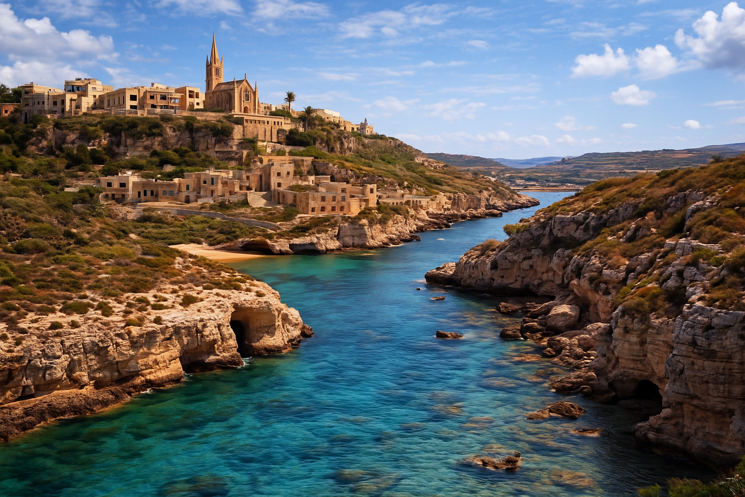 Scenic coastline of Gozo island in Malta showing limestone cliffs, turquoise sea and a historic hilltop church under a clear blue sky
