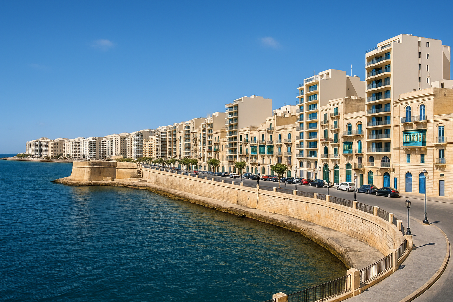 Sliema Malta waterfront promenade with modern apartments and blue Mediterranean sea on a sunny day.