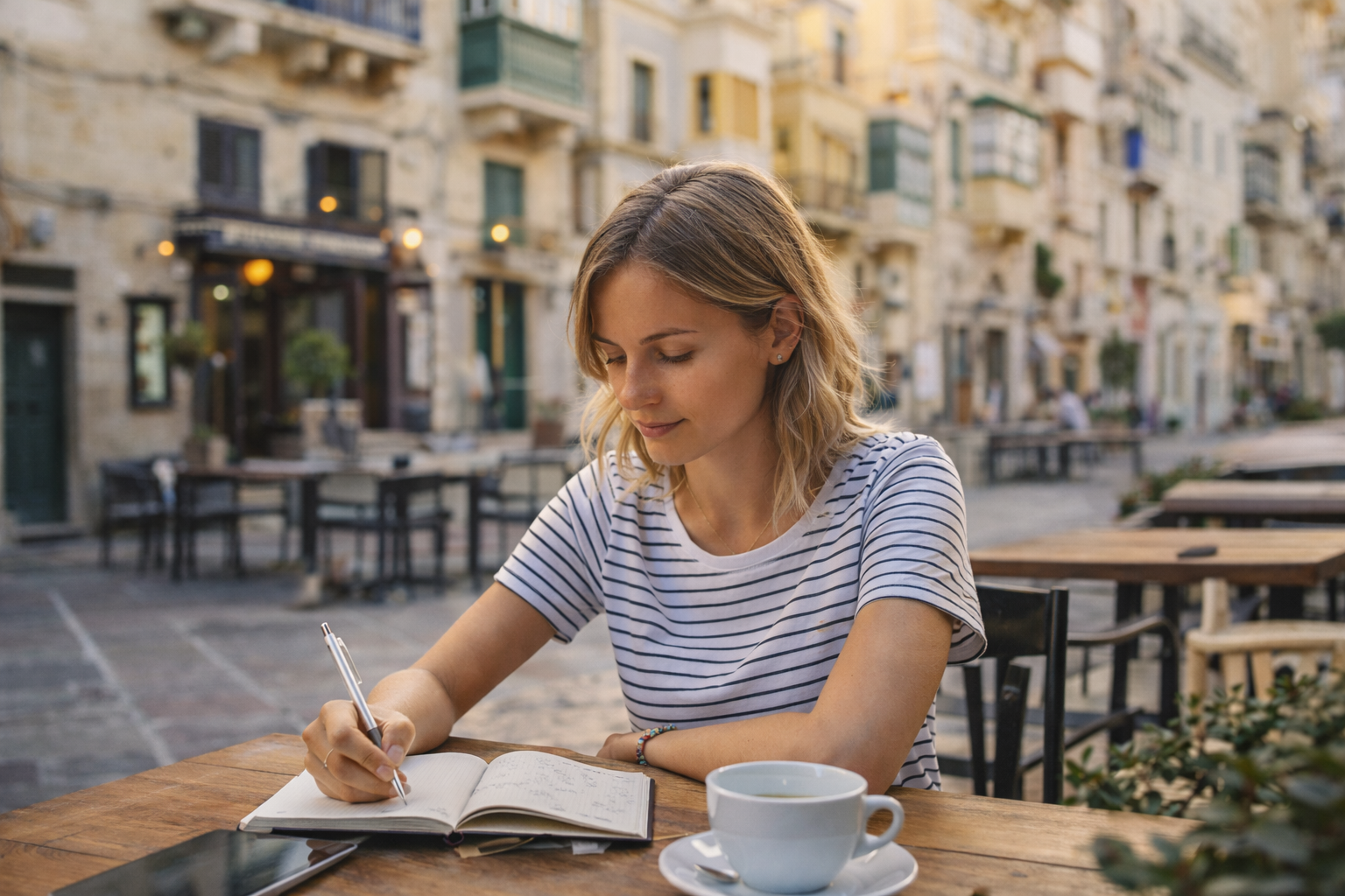 person sitting outdoor cafe writing notebook mediterranean street