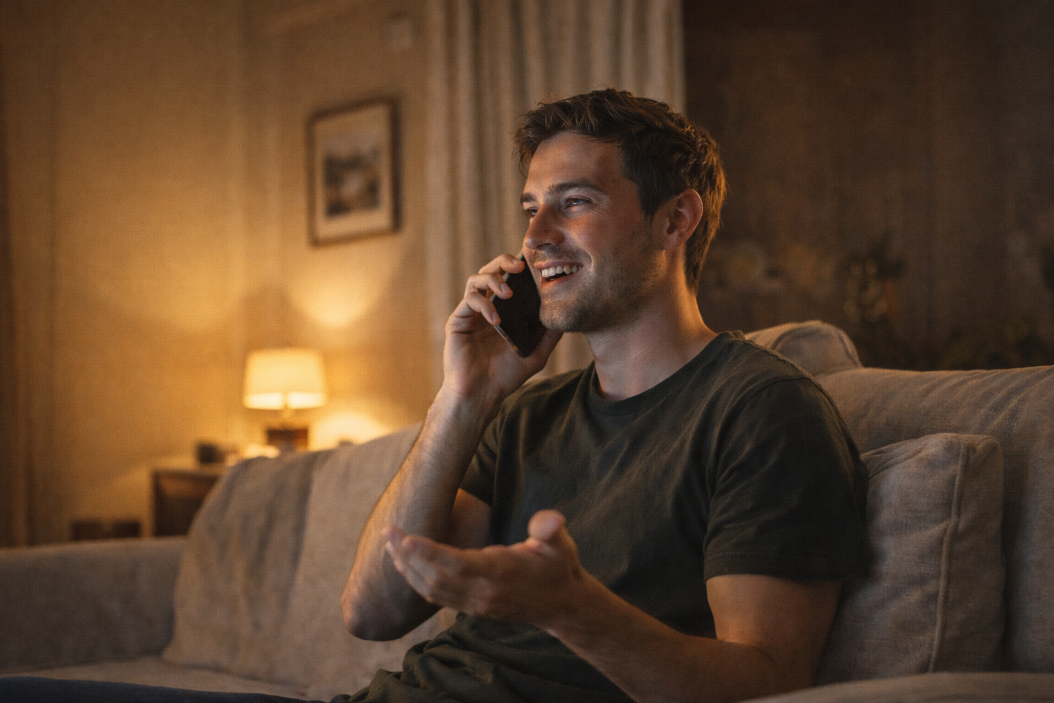 person talking on phone at home evening warm light