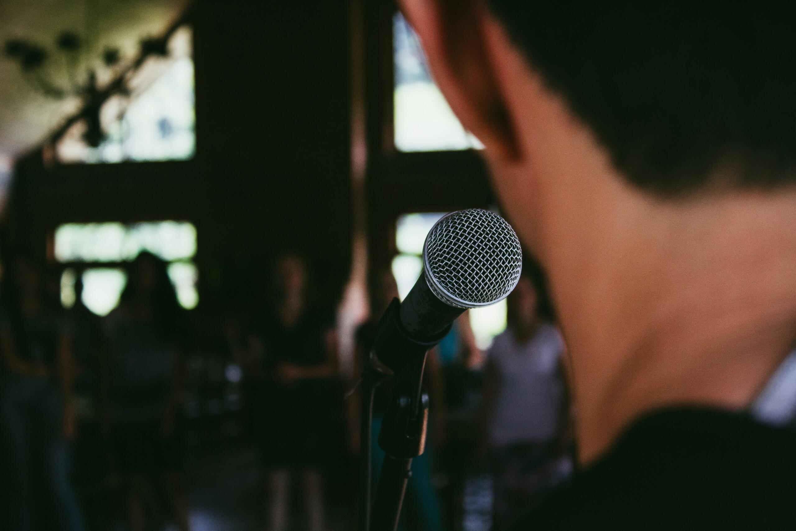 a microphone in front of a singer facing away