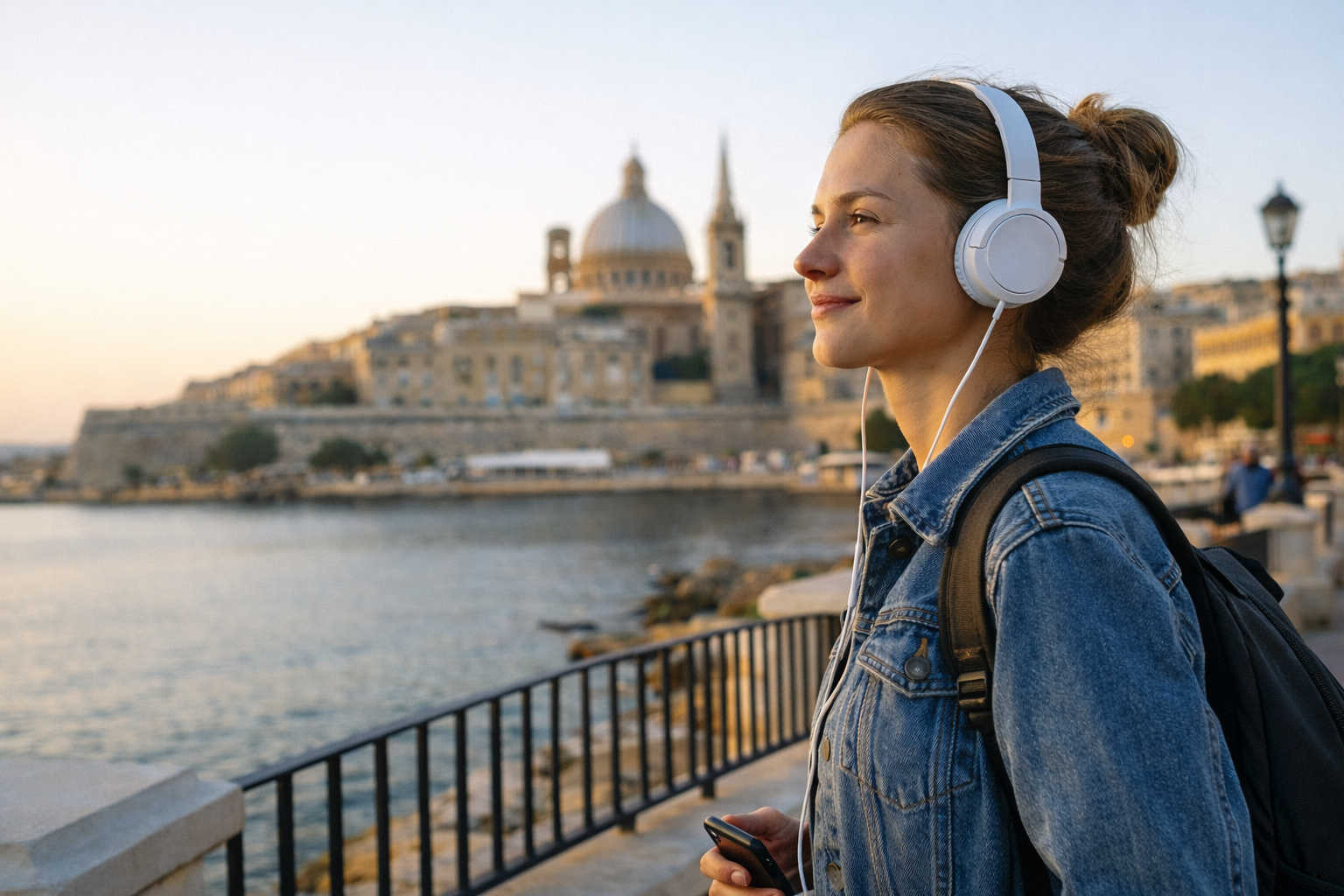 person walking seaside morning with headphones europe coastal town