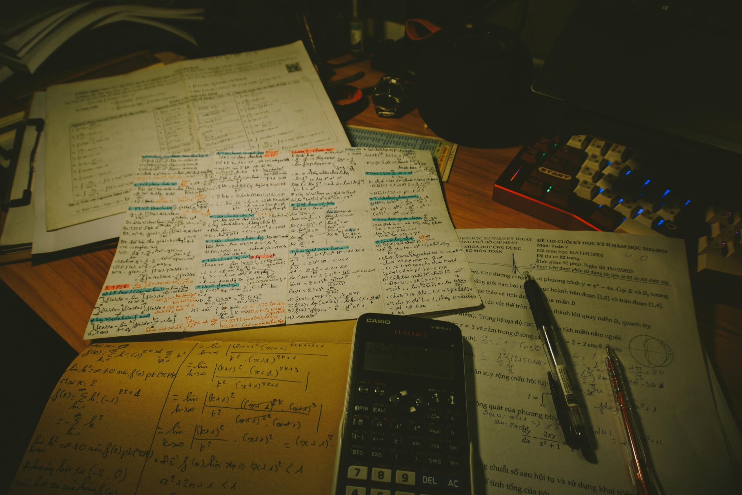 Papers, pens, and a calculator are arranged on a study desk.