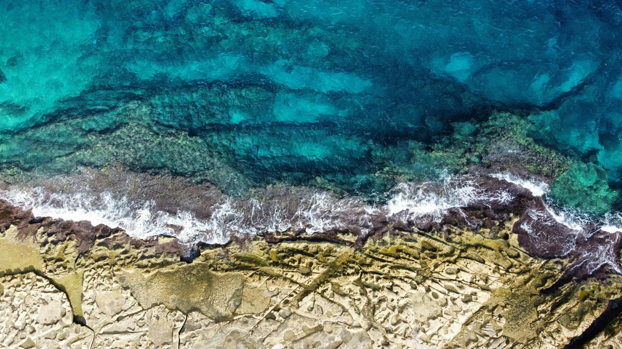 Aerial view of clear turquoise water meeting Malta's rocky limestone coastline