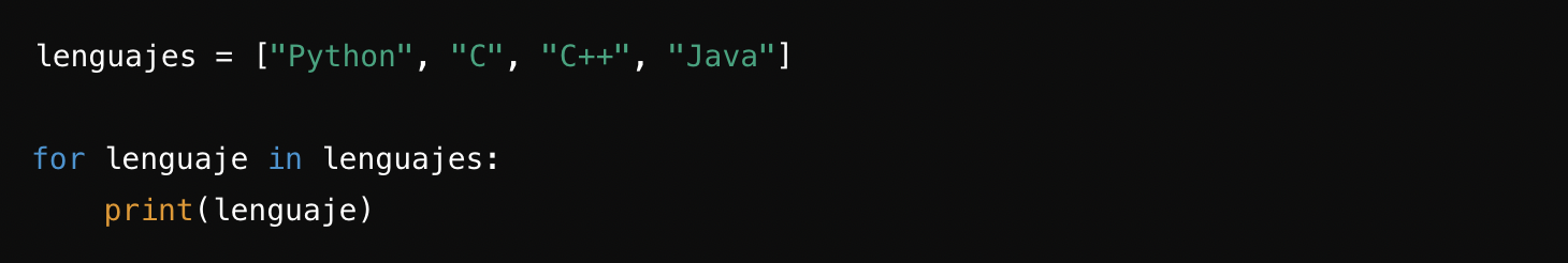 Fragmento de código que muestra una lista de lenguajes de programación en Python y un bucle que imprime cada lenguaje.