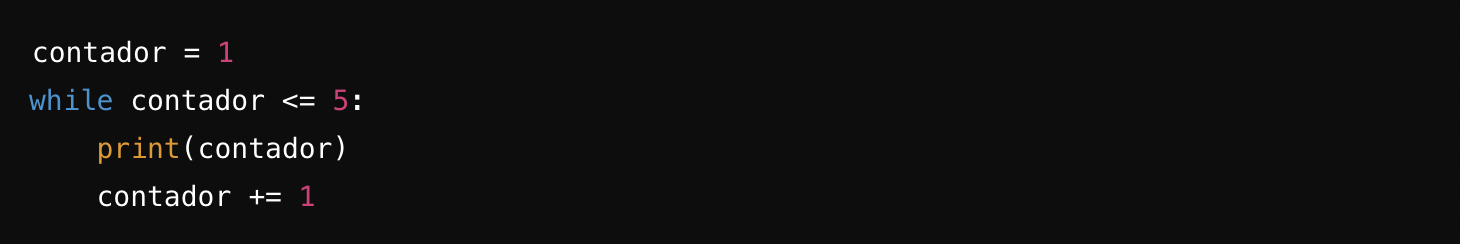 Un fragmento de código en Python que muestra un bucle while que imprime números del 1 al 5 utilizando una variable llamada “contator”.
