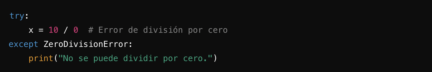 Fragmento de código que ilustra el tratamiento de errores en Python para un error de división por cero, con un mensaje en español indicando el error.