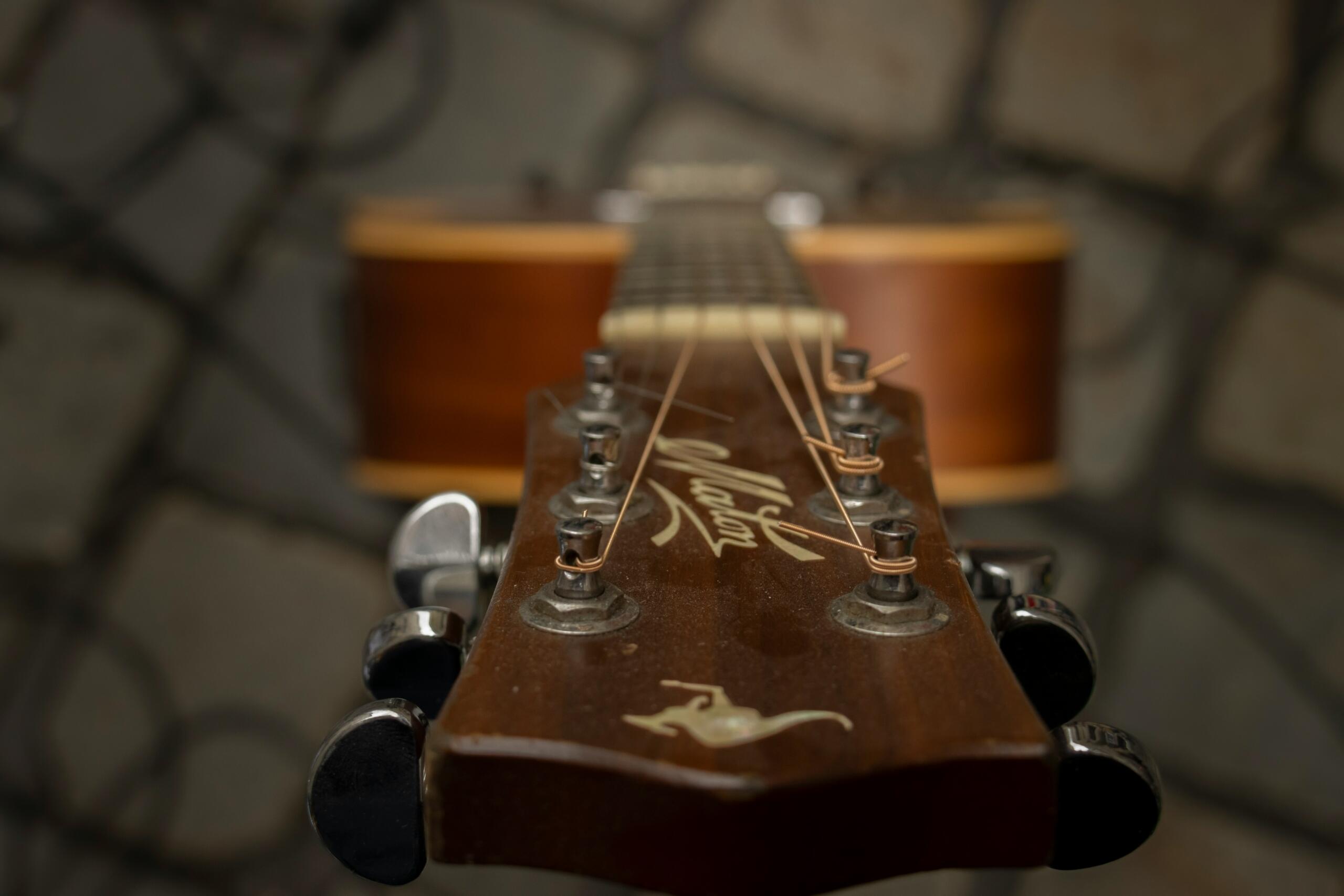 Close-up of an acoustic guitar headstock with tuning pegs and strings in focus, showing the instrument’s logo.