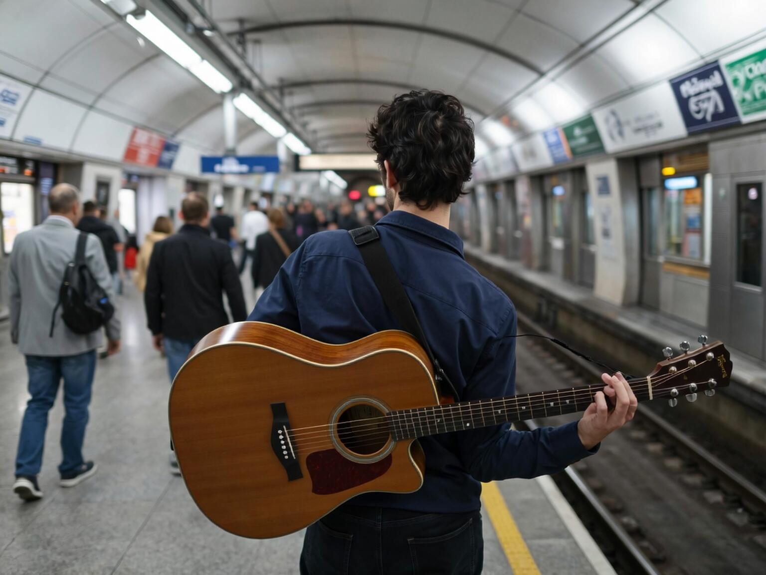 A man holding an acoustic guitar stands on a subway platform, surrounded by commuters waiting for the train.