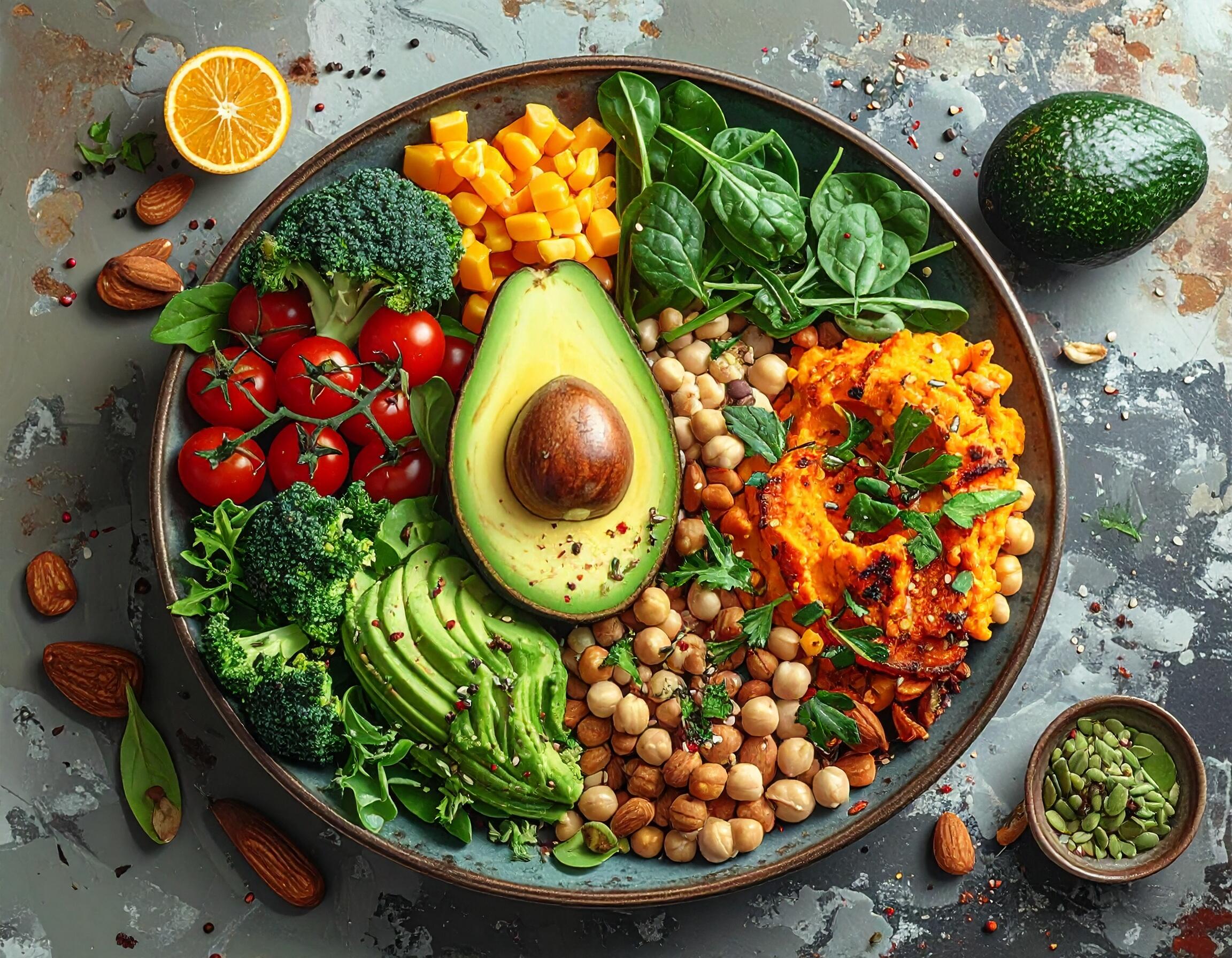A colorful vegan bowl featuring avocado, chickpeas, spinach, broccoli, cherry tomatoes, diced mango, and a roasted red pepper hummus, showcasing a nutrient-rich plant-based meal.