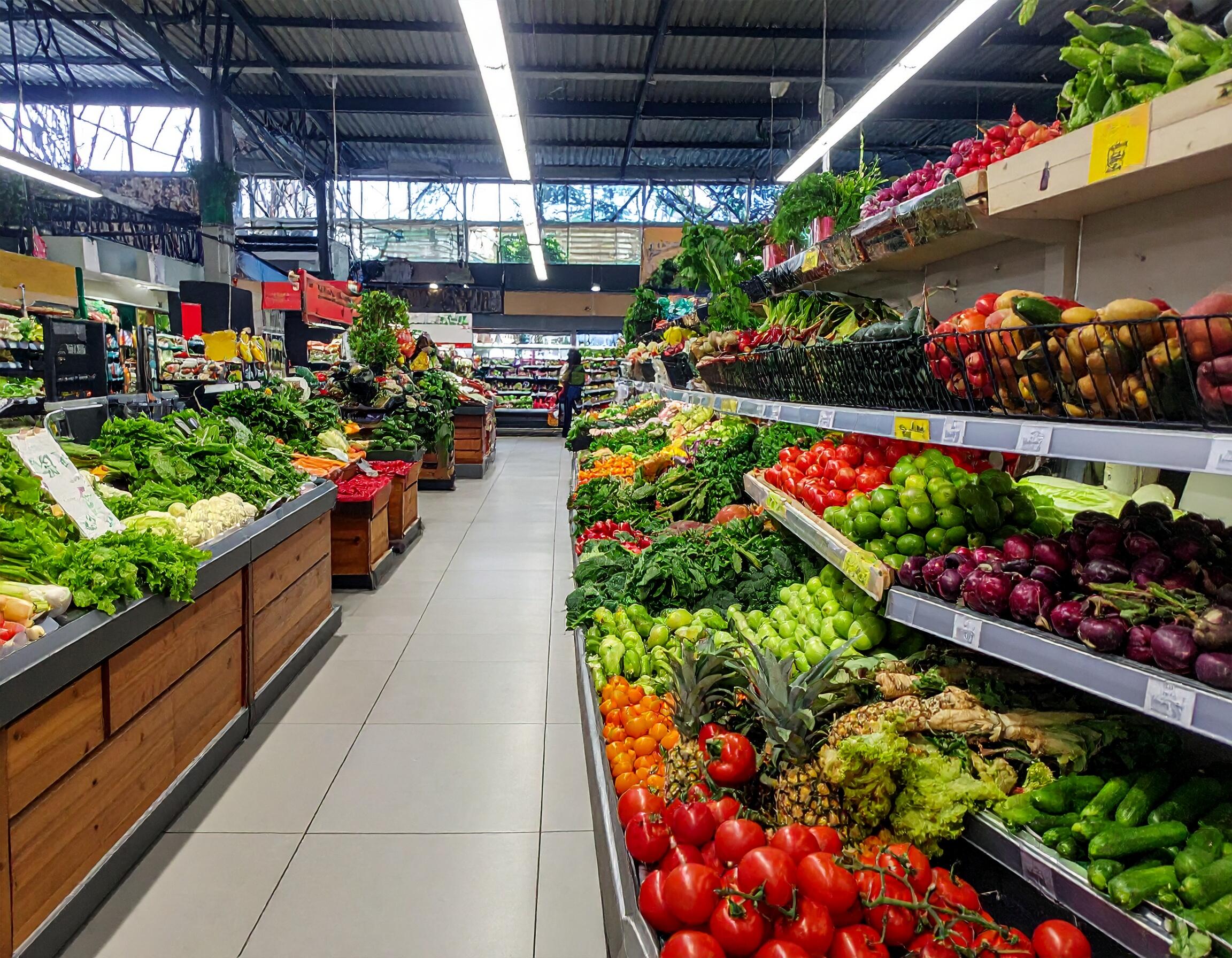 A vibrant supermarket produce section filled with fresh vegetables and fruits including tomatoes, pineapples, cucumbers, eggplants, leafy greens, and carrots neatly arranged on shelves.
