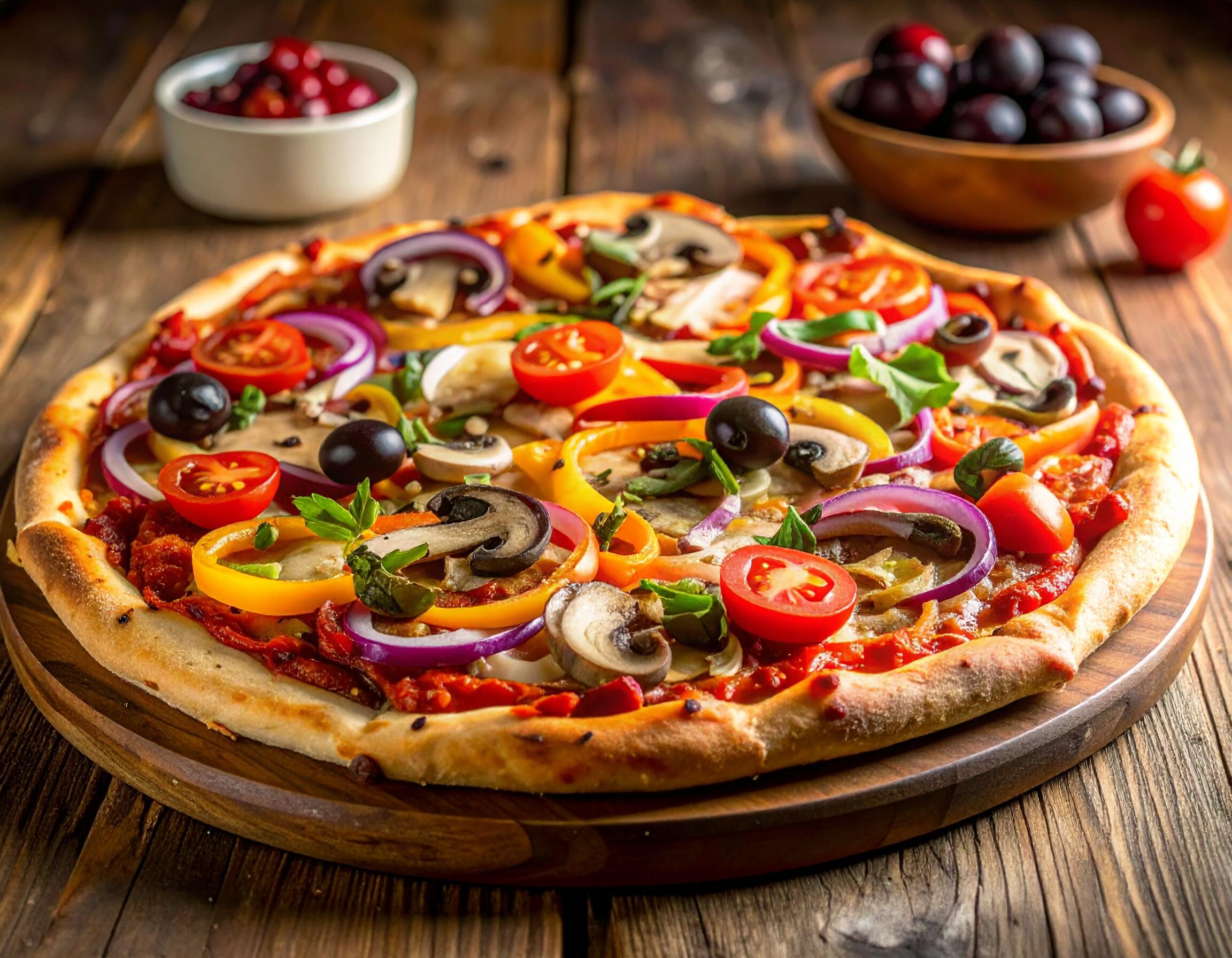 A freshly baked vegan pizza topped with colorful bell peppers, mushrooms, cherry tomatoes, red onions, olives, and fresh basil on a wooden table.