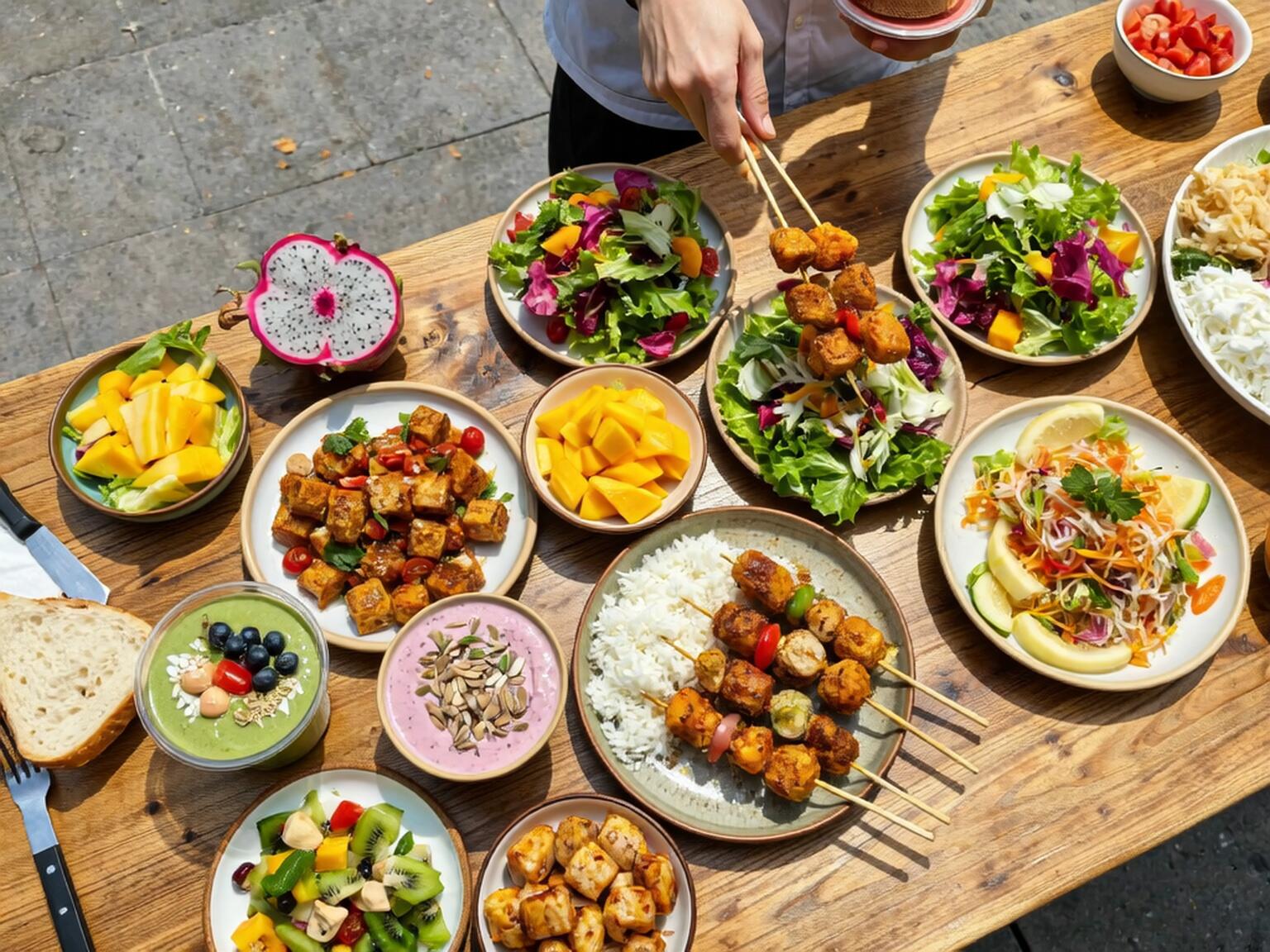 A vibrant top-down view of a wooden table filled with colorful vegan Malaysian dishes, including tofu skewers, tropical fruit bowls, salads, rice plates, and smoothies, being enjoyed outdoors.