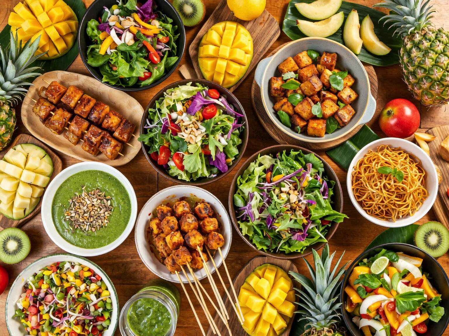 A colorful table spread with fresh vegan dishes, including salads, grilled tofu, noodles, tropical fruits, and green smoothies.