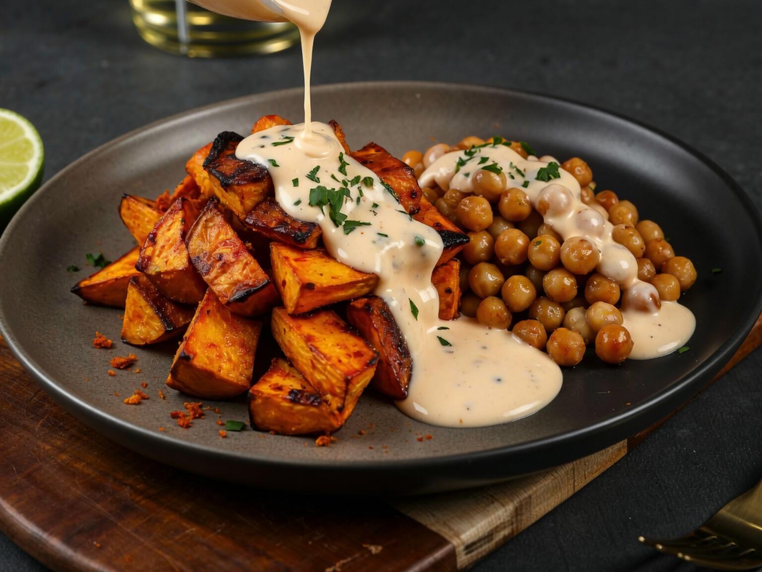 A plate of roasted sweet potatoes and chickpeas drizzled with creamy lemongrass coconut sauce, garnished with herbs on a dark ceramic plate.