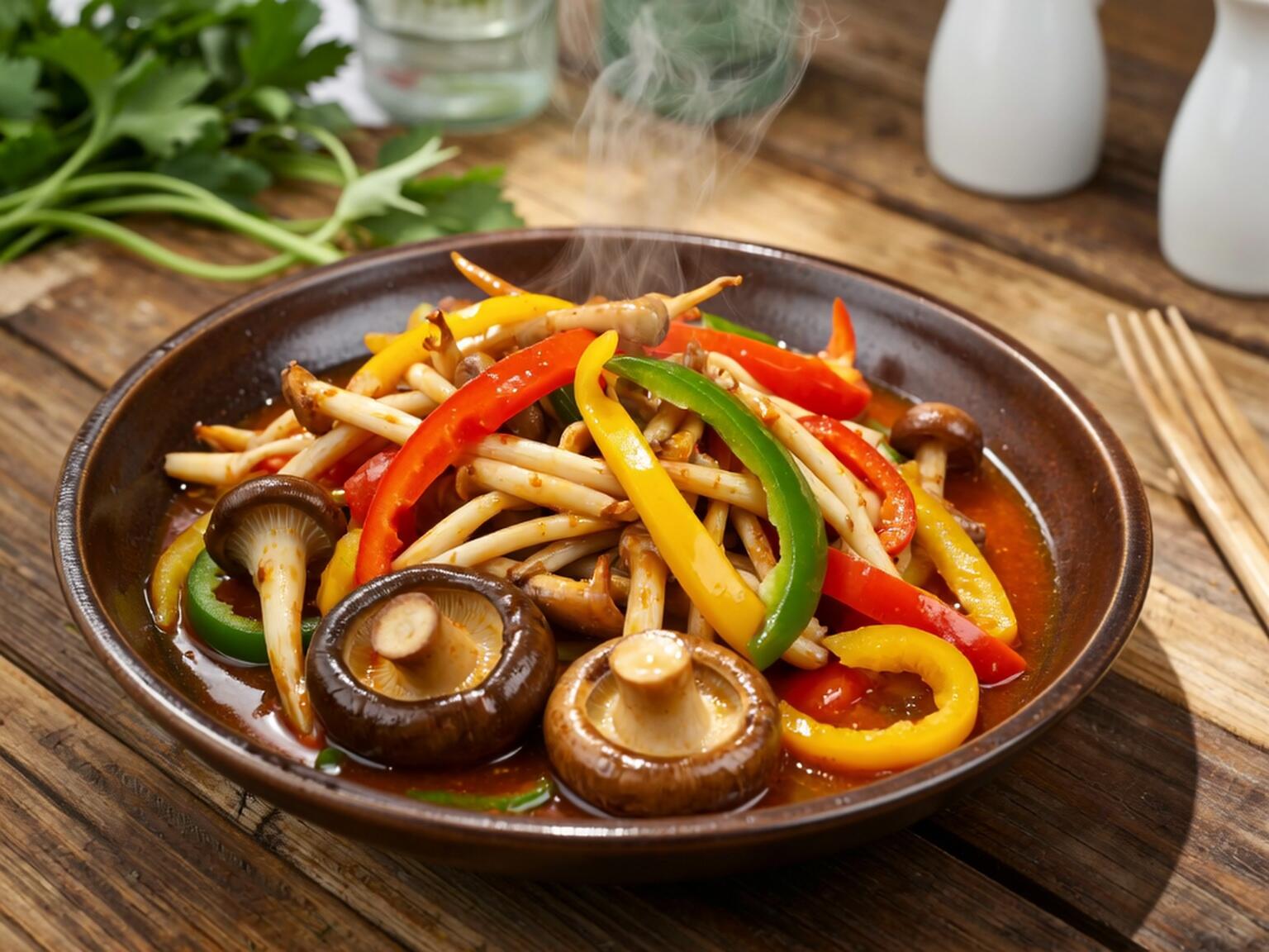 A plate of Malaysian-style mushroom fajitas with sautéed bell peppers and mushrooms in a spicy sambal sauce, served hot and steaming on a rustic wooden table.