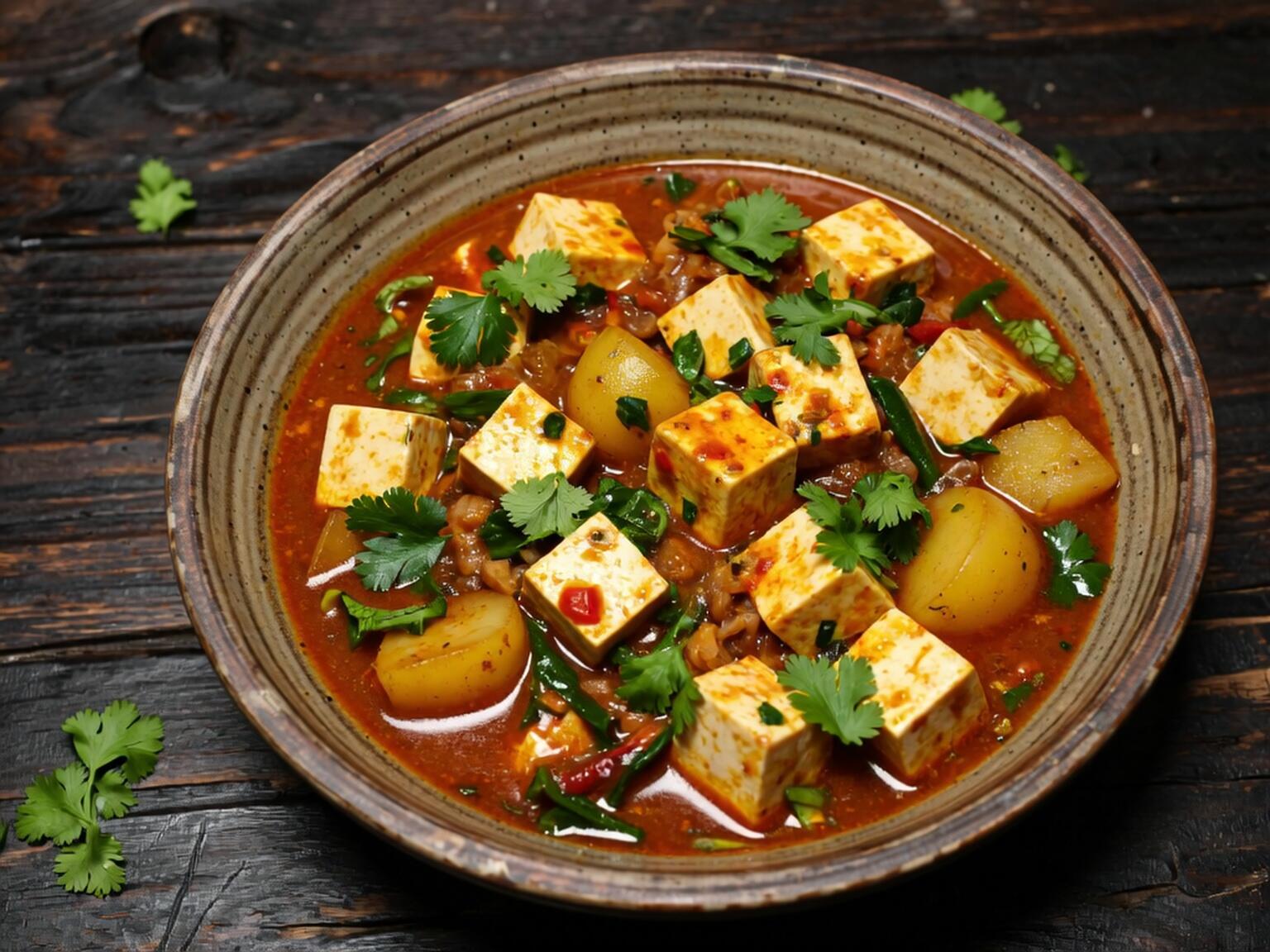 A hearty bowl of Malaysian coconut curry with tofu cubes, potatoes, and vegetables in a rich, red coconut gravy, garnished with fresh cilantro.