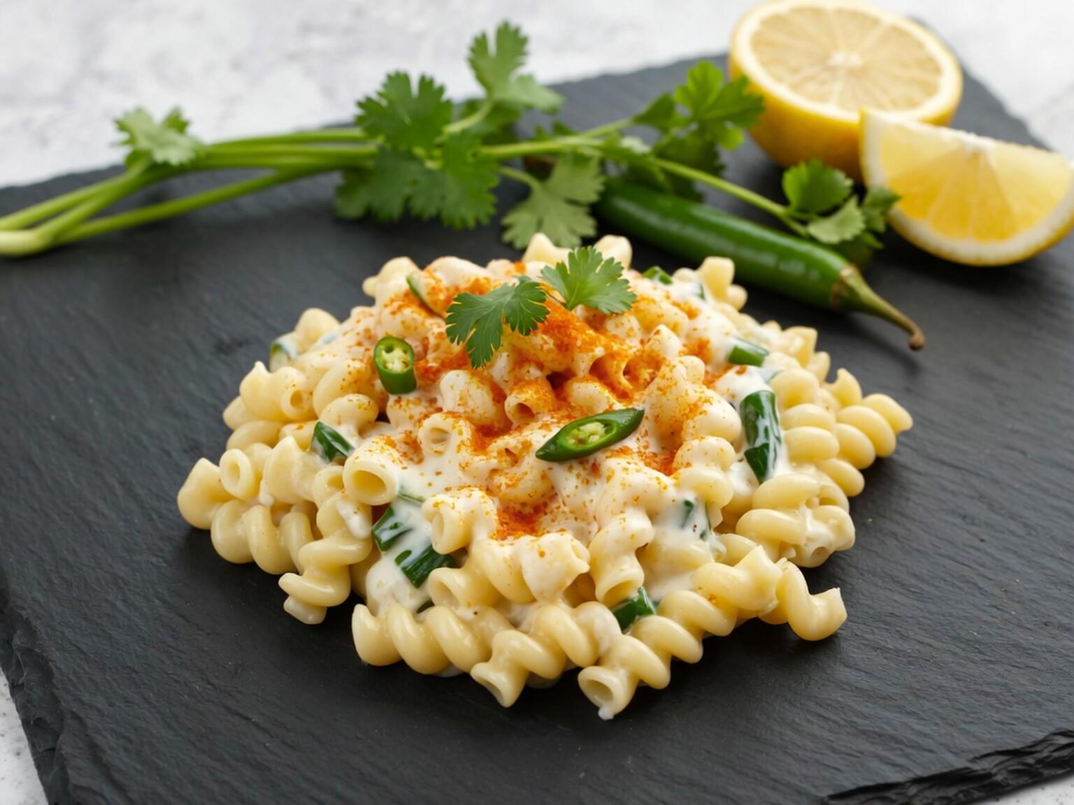 A creamy vegan mac and cheese topped with sliced green chillies, paprika, and fresh cilantro, served on a black slate with lemon halves and green chillies in the background.