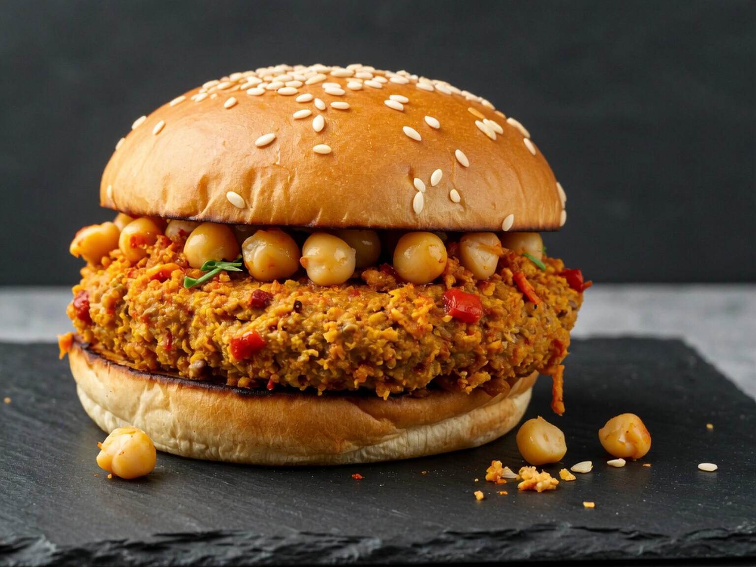 A close-up of a vegan burger with a thick spicy chickpea and tempeh patty, topped with chickpeas and served in a sesame seed bun on a black slate surface.