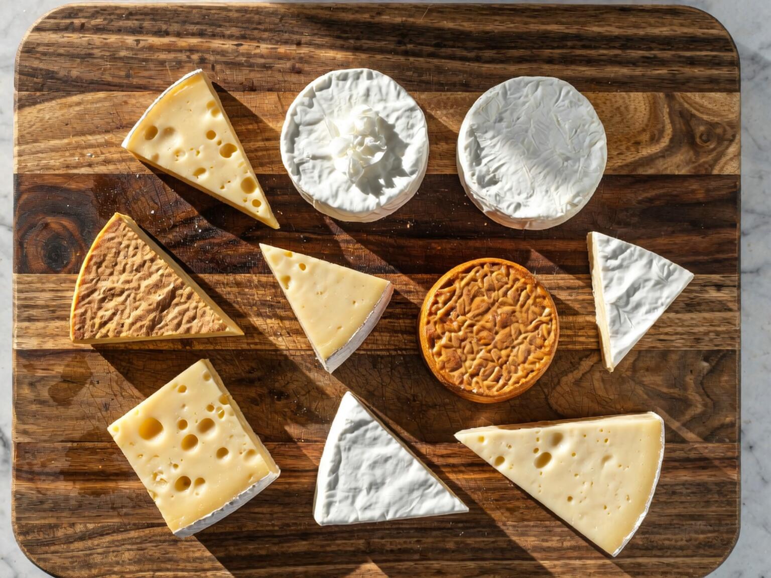 An assortment of vegan cheese varieties arranged on a wooden cutting board, including round and wedge-shaped pieces with different textures and colors, illuminated by natural sunlight.