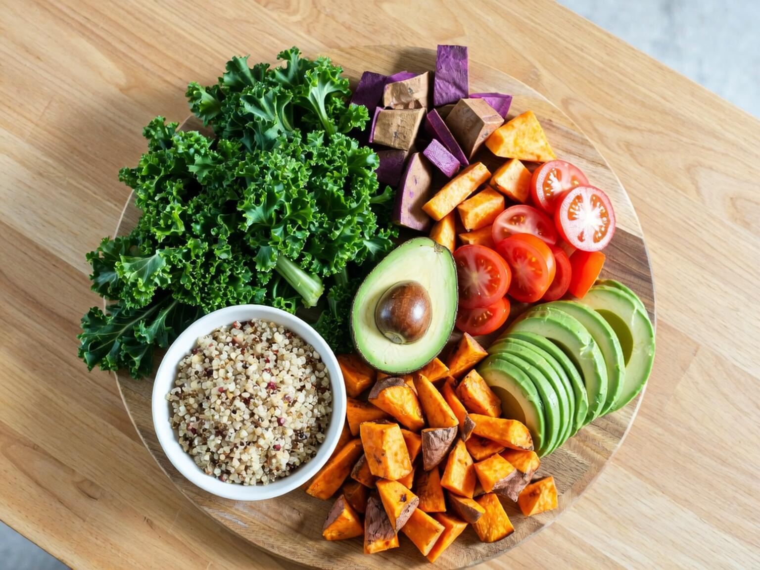 A wooden plate topped with kale, quinoa, avocado slices, cherry tomatoes, and roasted sweet potatoes, showcasing a colorful and healthy vegan meal.