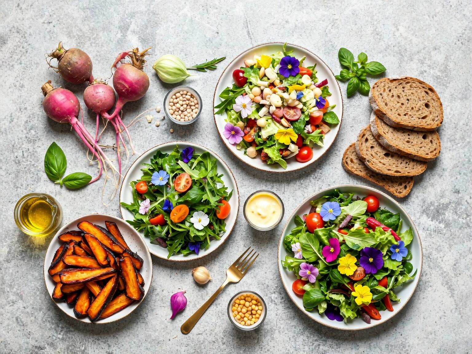 A bright vegan meal spread featuring bowls of fresh mixed salads topped with edible flowers, cherry tomatoes, and greens, alongside roasted carrots, olive oil, slices of whole-grain bread, and fresh radishes on a gray background.
