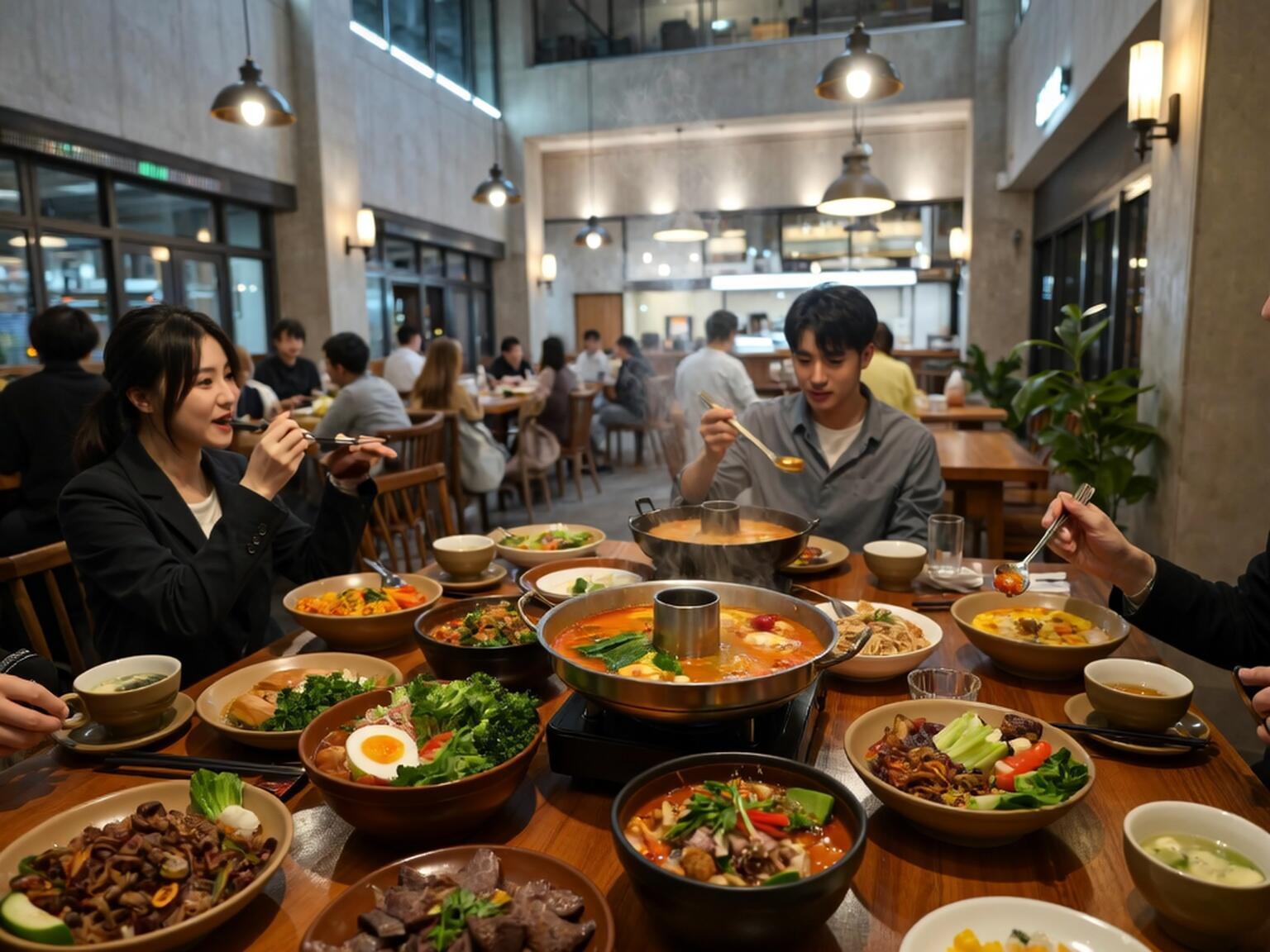Friends enjoying a variety of colorful plant-based dishes together in a cozy, modern restaurant setting.