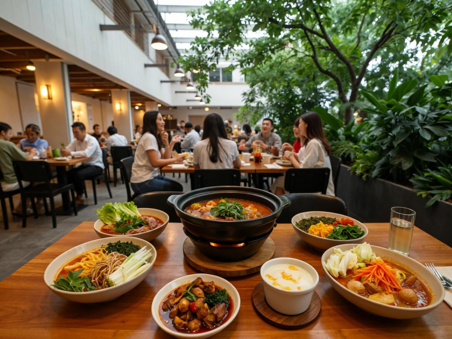 People enjoying plant-based meals in a cozy, modern restaurant surrounded by greenery.