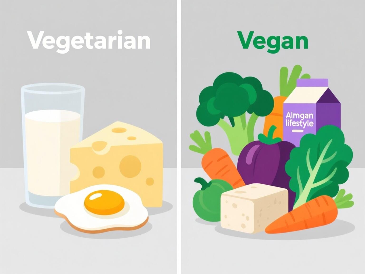A comparison illustration showing the difference between vegetarian and vegan diets. The vegetarian side includes milk, cheese, and an egg, while the vegan side features vegetables like broccoli, carrots, eggplant, spinach, tofu, and a carton of plant-based milk.
