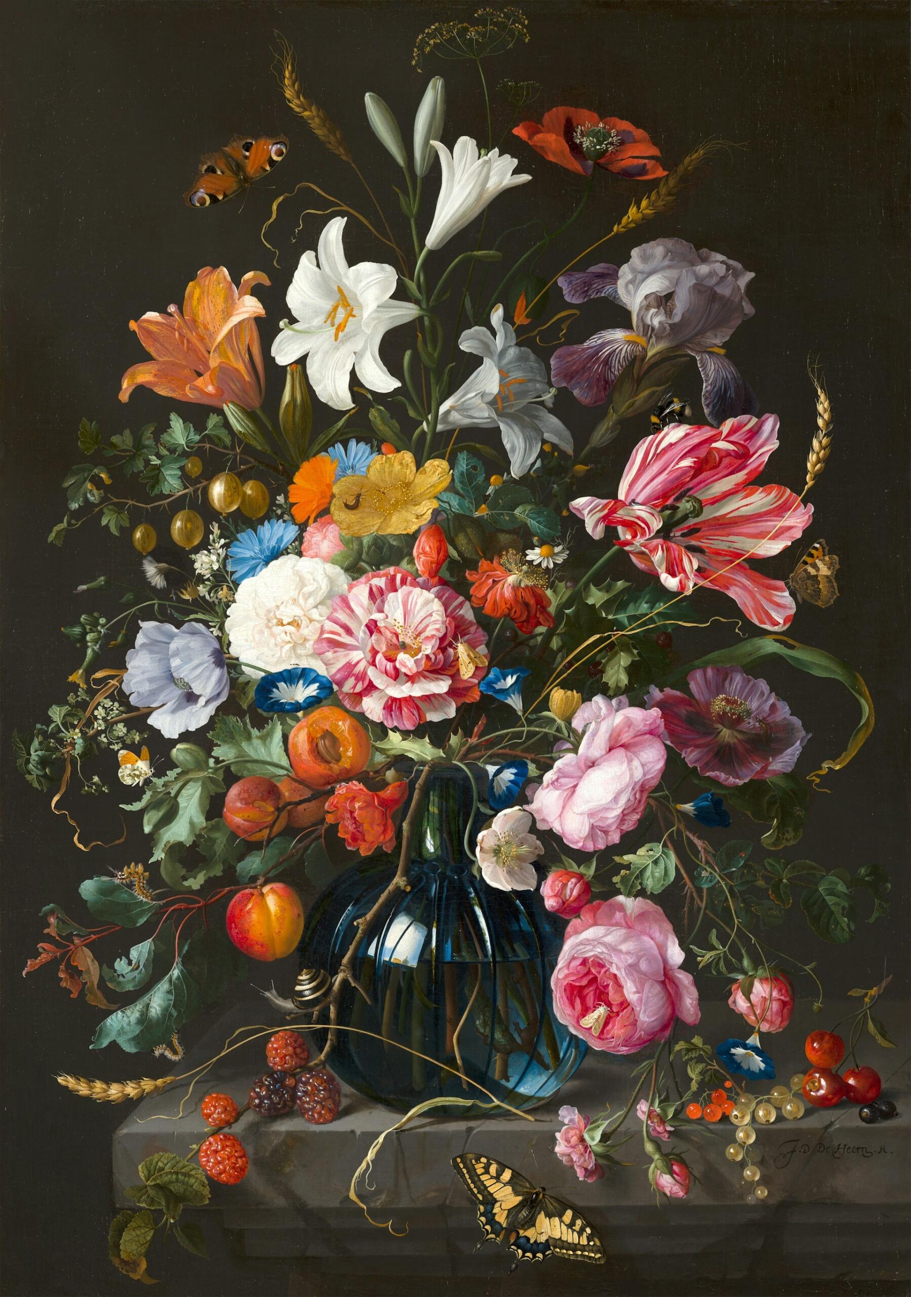 Jan Davidsz de Heem's 1670 oil painting of a tall vase filled with flowers