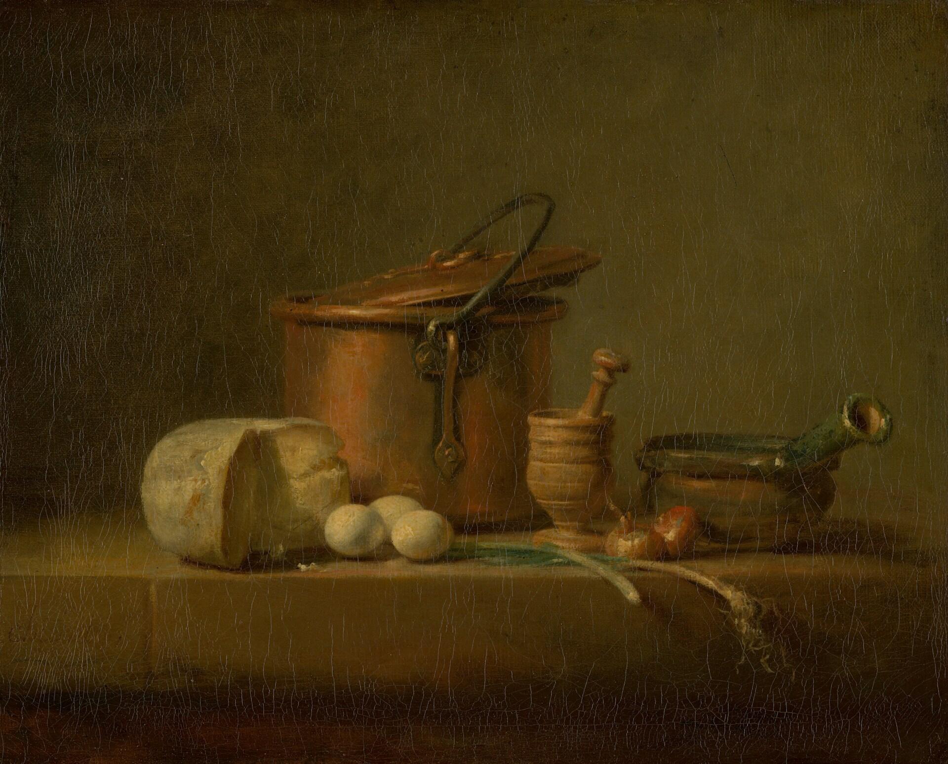 Jean-Siméon Chardin's painting of a copper pot, cheese, eggs, and kitchen utensils on a table
