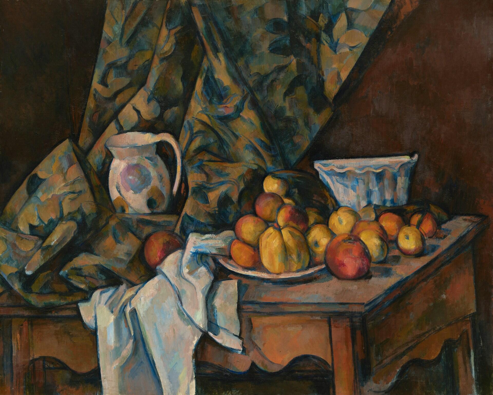 Paul Cézanne's painting Still Life with Apples and Peaches, showing fruit, a pitcher, and a white tablecloth on a table