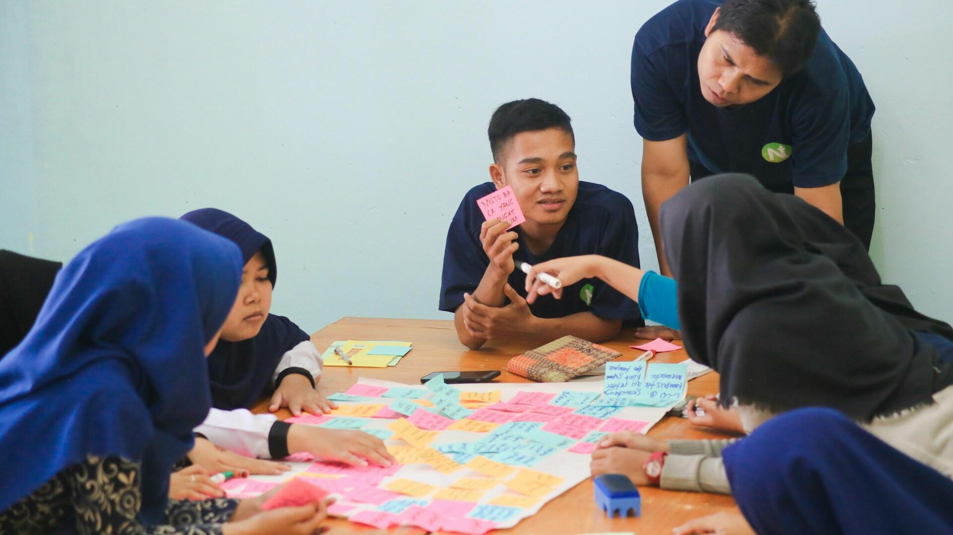 Men and women gathered around a table. They are discussing and writing on sticky notes.