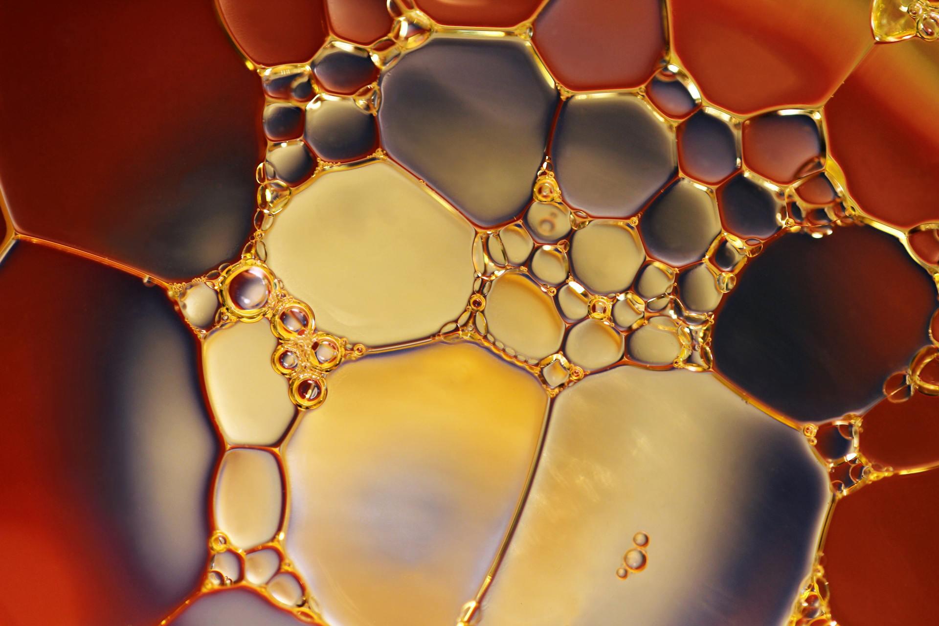 Close-up of orange-hued liquid bubbles