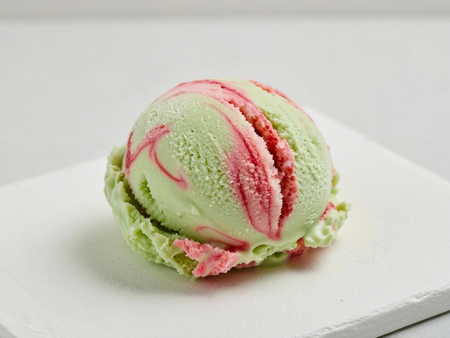 A close-up of a creamy scoop of vegan avocado and strawberry ice cream with pink strawberry swirls on a white background.