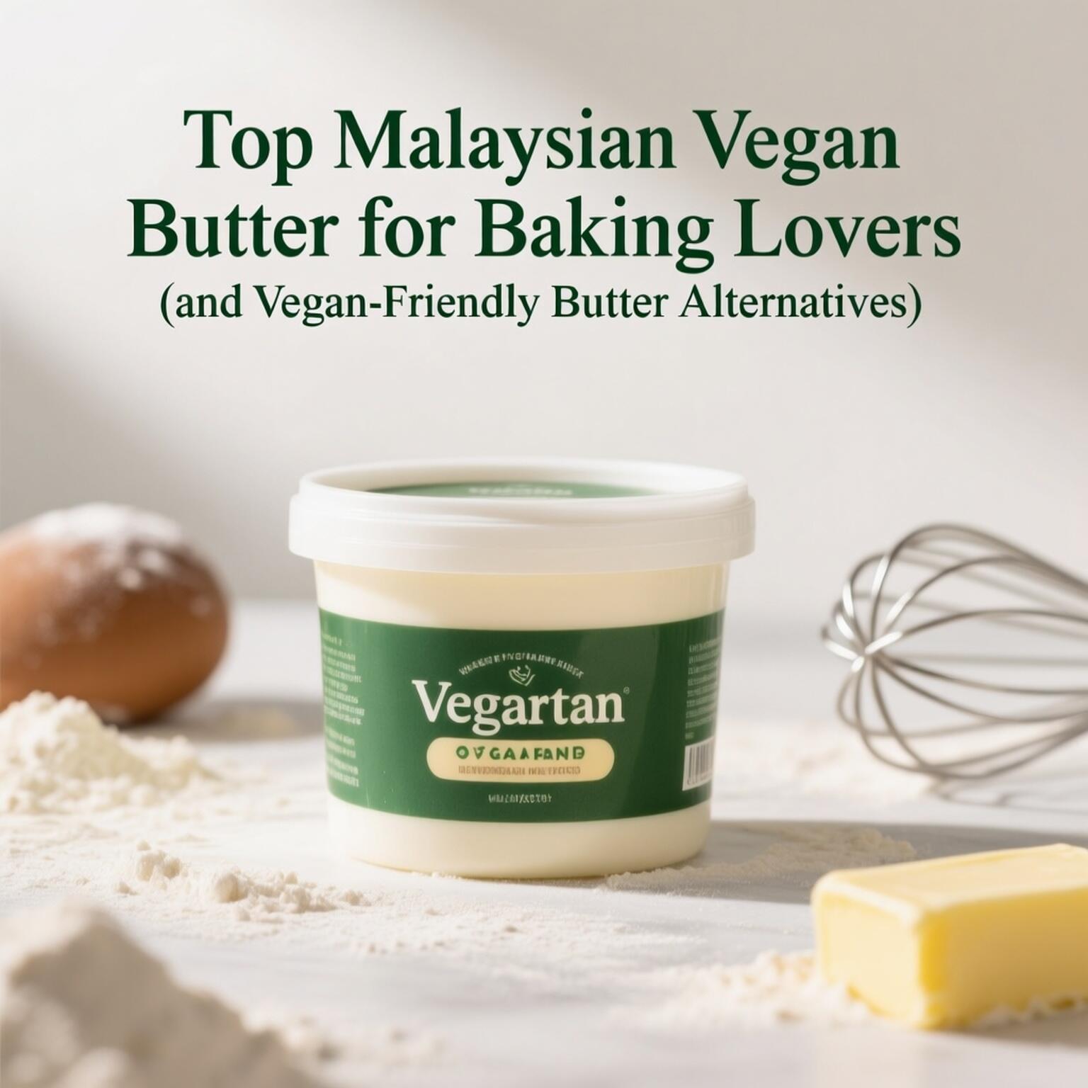 A container of vegan butter labeled “Vegartan” sits on a white surface surrounded by baking ingredients like flour, an egg, and a whisk, representing vegan butter options for baking lovers.