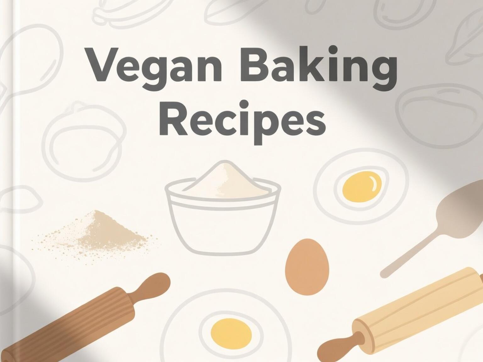A minimalist illustration of baking ingredients and tools, including flour, eggs, a rolling pin, and a spoon, with the title “Vegan Baking Recipes” in bold letters.