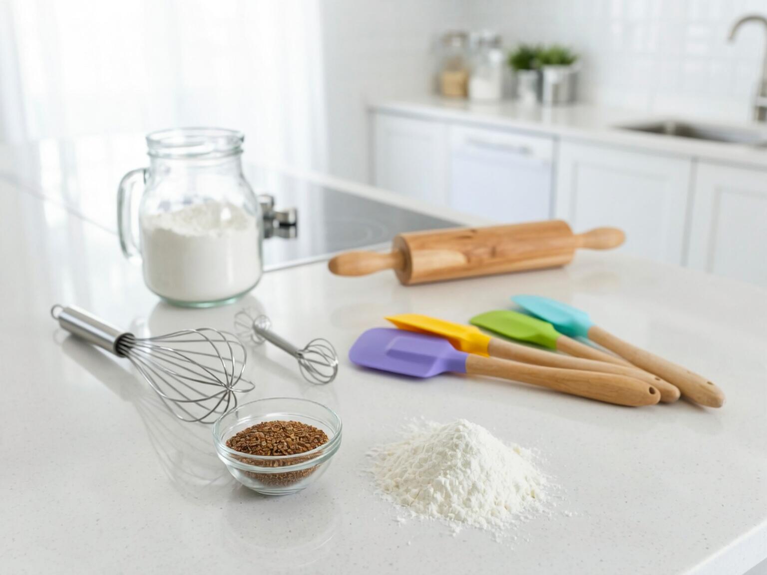 A bright, minimalist kitchen counter with vegan baking essentials — a jar of flour, a rolling pin, colorful silicone spatulas, metal whisks, a small bowl of flaxseeds, and a small pile of flour ready for mixing.