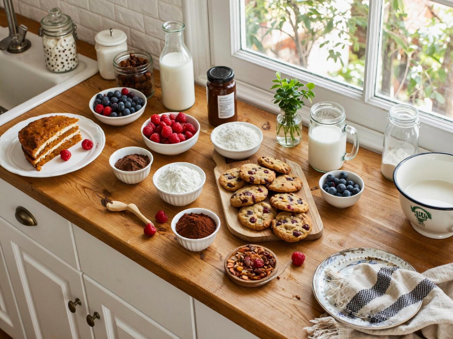 A cozy kitchen scene with a wooden countertop filled with vegan baking ingredients — flour, cocoa, nuts, berries, plant-based milk, cookies, and a slice of vegan cake — bathed in natural sunlight from a nearby window.