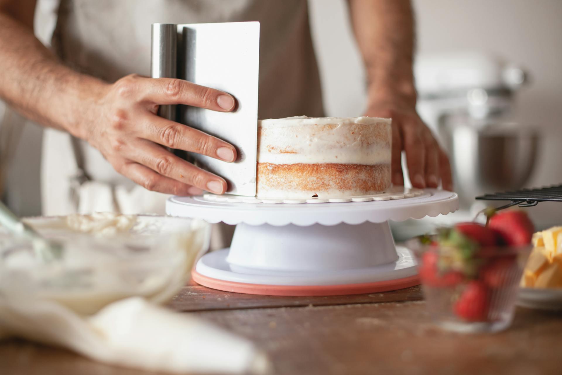 A person smooths icing on a small cake using a metal scraper. The cake sits on a rotating stand, with strawberries and butter nearby, creating a cozy baking scene.