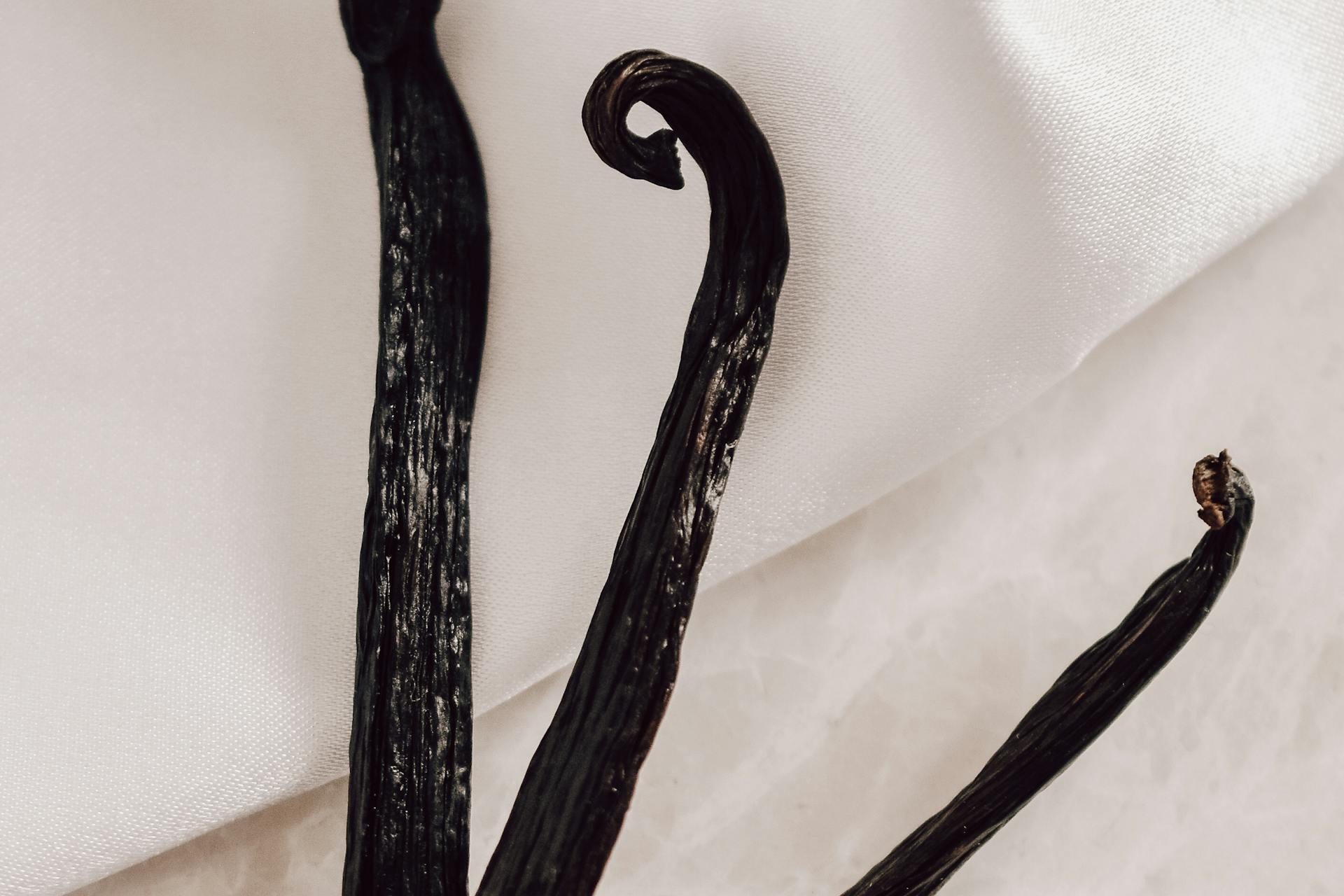 Close-up of three dark brown vanilla pods on a white, silky fabric. The pods have a glossy texture and slight twists, conveying a natural, elegant feel.
